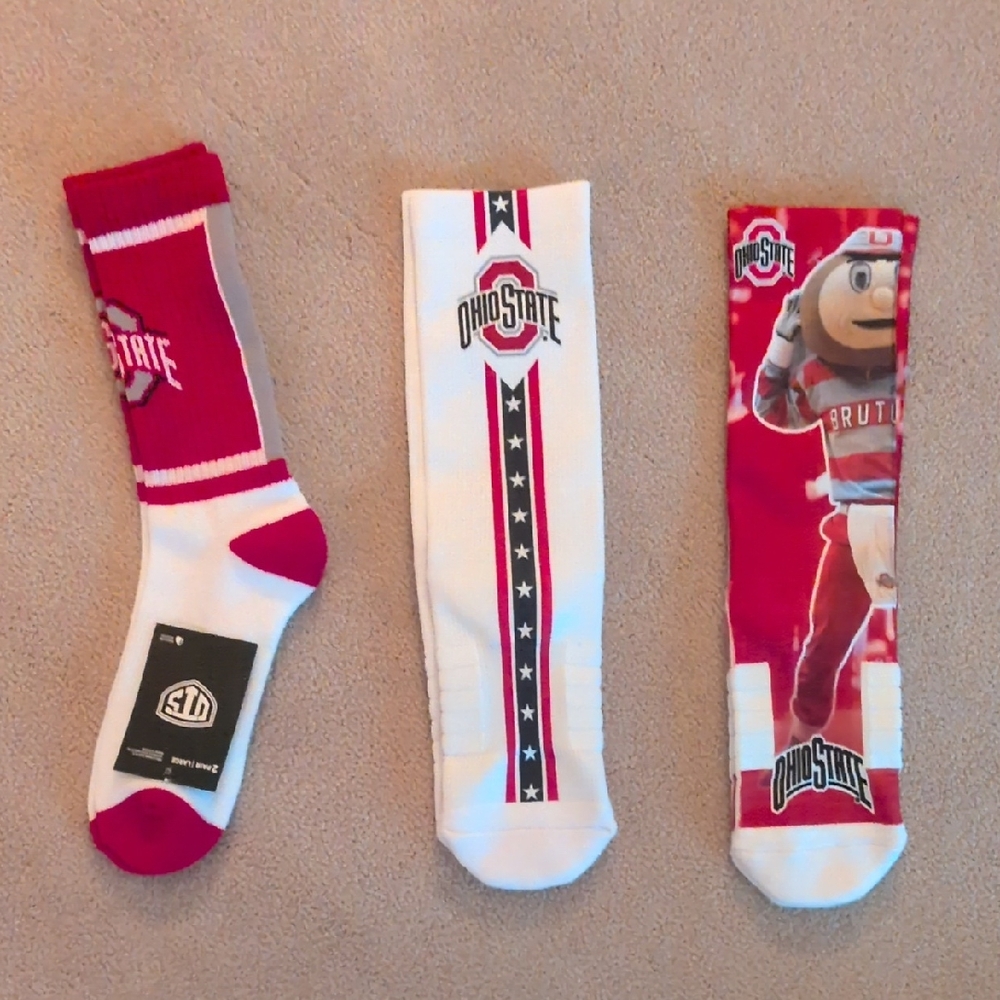 Ohio State Men's Socks - Red and White. New! 3 Pairs.